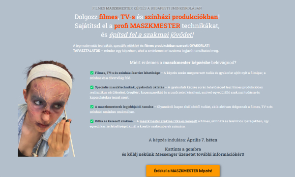 Budapesti Sminkiskola film makeup artist training landing page